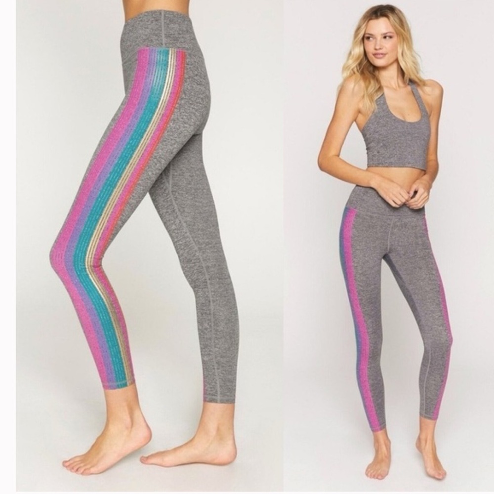 445 Spiritual Gangster High Waist Leggings Small Gray Rainbow Stripe Yoga Pants
